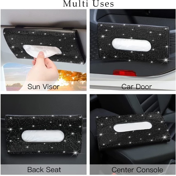 Black Leather Crystal Car Sun Visor Tissue Box Towel Napkin Holder - Picture 4 of 6